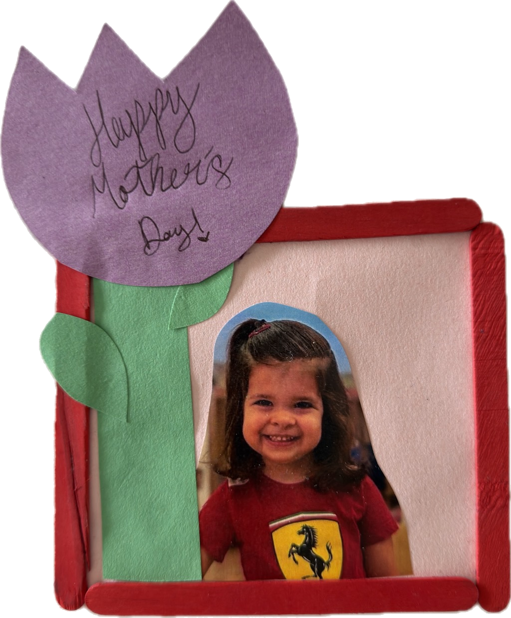 Sofia's handmade Mother's Day card — a popsicle-stick frame with a paper tulip and Happy Mother's Day in her handwriting